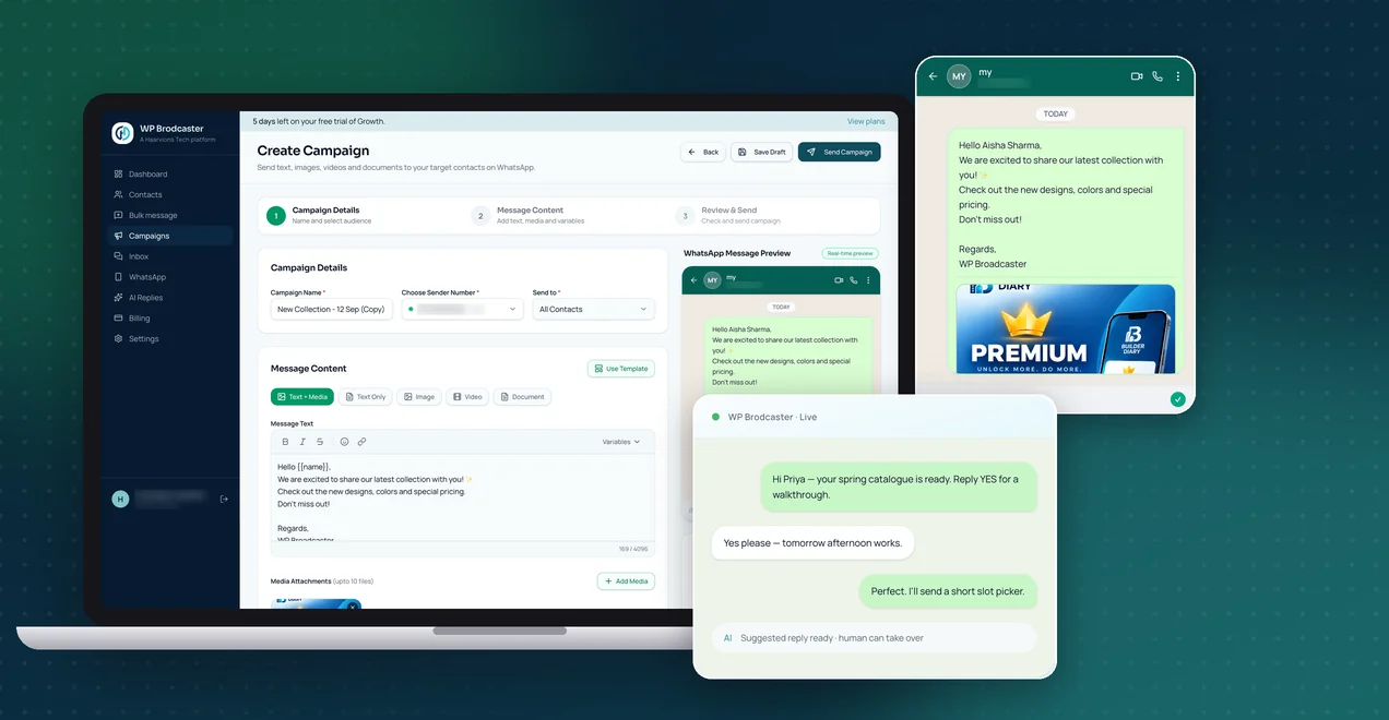 WP Broadcaster campaign builder with WhatsApp message preview